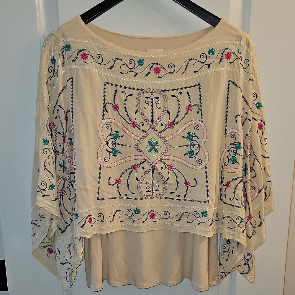Chico’s Embroidered Tan Tiered Caftan Blouse, M/L, Boho, Floral, Festival - Picture 2 of 10